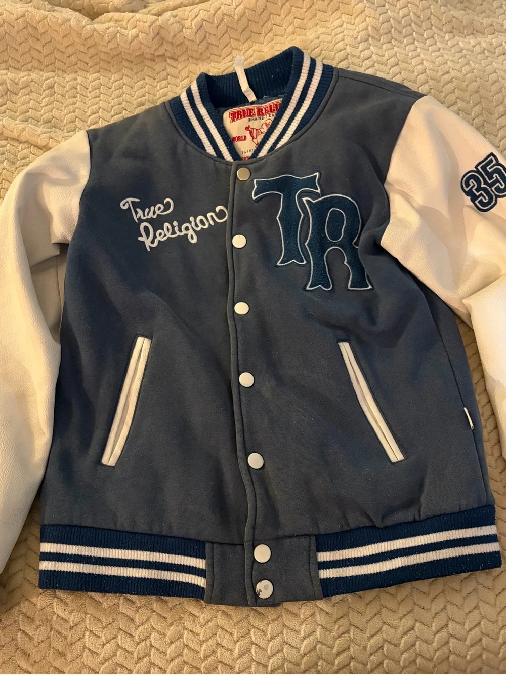 TRUE RELIGION MALIBU VARSITY NAVY BLUE LETTERMAN JACKET-MADE IN USA-Medium